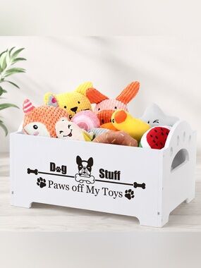 White Wooden Dog Toy Storage Box Bin Organizer Pet Toy Basket Paws Off My Toys